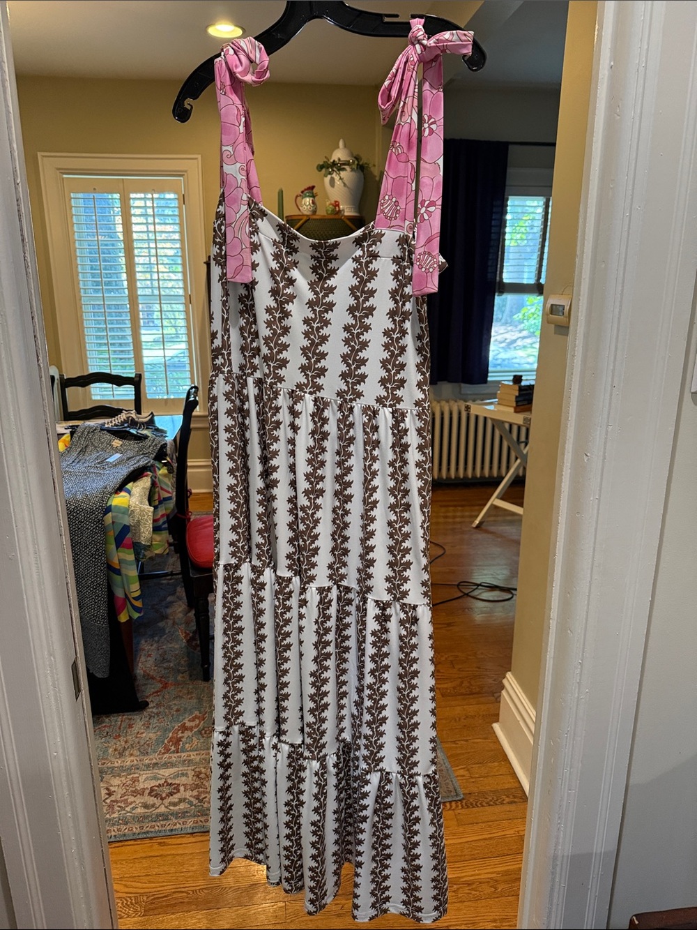 White Maxi Dress with Brown Leaf Print and Pink Tie Straps